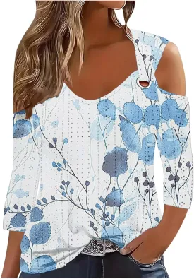 3/4 Length Sleeve Cold Shoulder Womens Plus Size Eyelet Tops Summer Casual Blouse Trendy Dressy Boho Floral Shirts