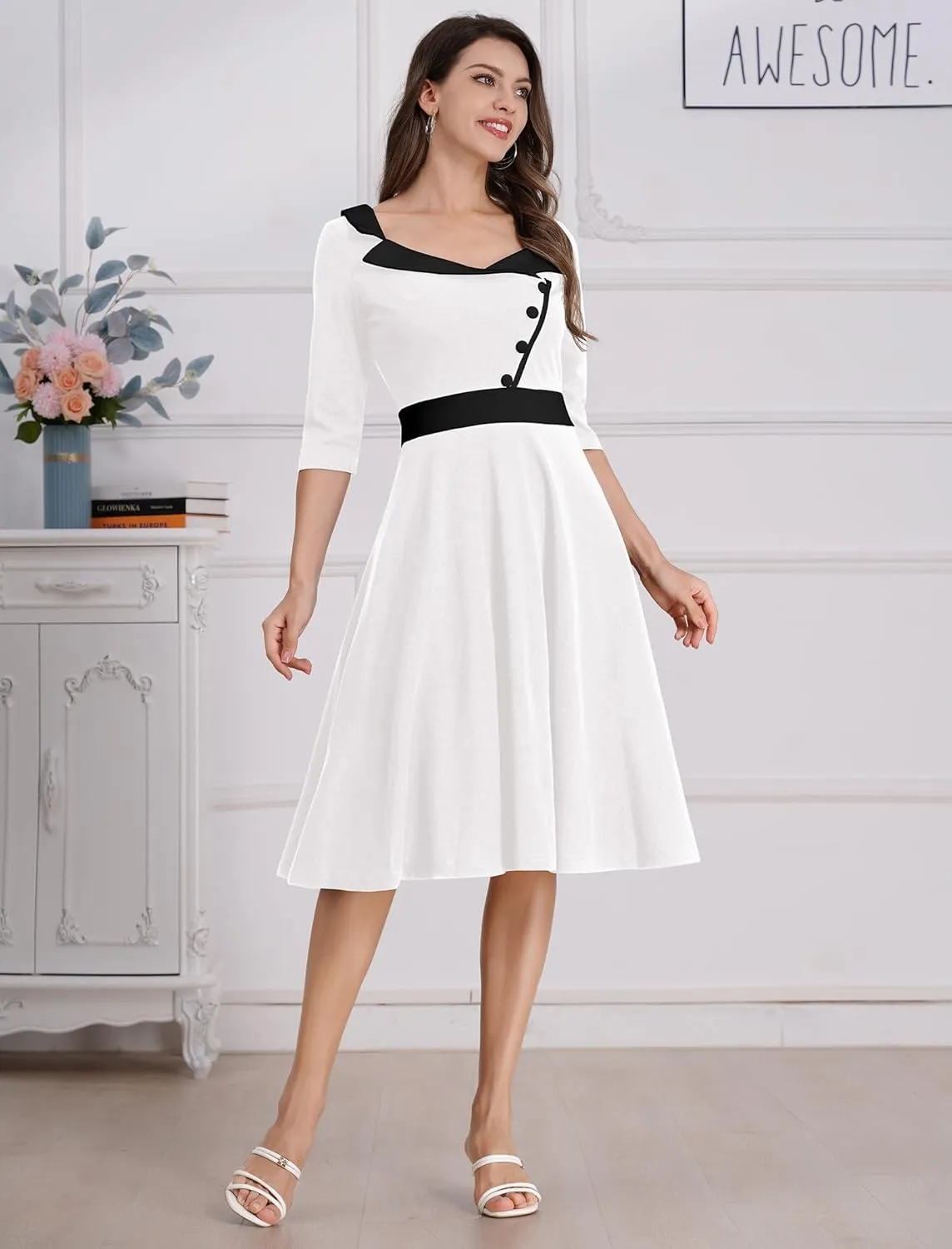 3/4 Sleeve 40s 50s Dresses for Women Vintage 1950s Cocktail Dress Square Neck Retro Rockabilly Swing 50's Style Dress