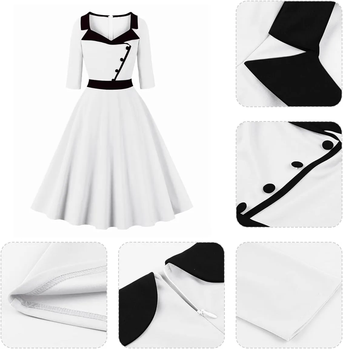 3/4 Sleeve 40s 50s Dresses for Women Vintage 1950s Cocktail Dress Square Neck Retro Rockabilly Swing 50's Style Dress