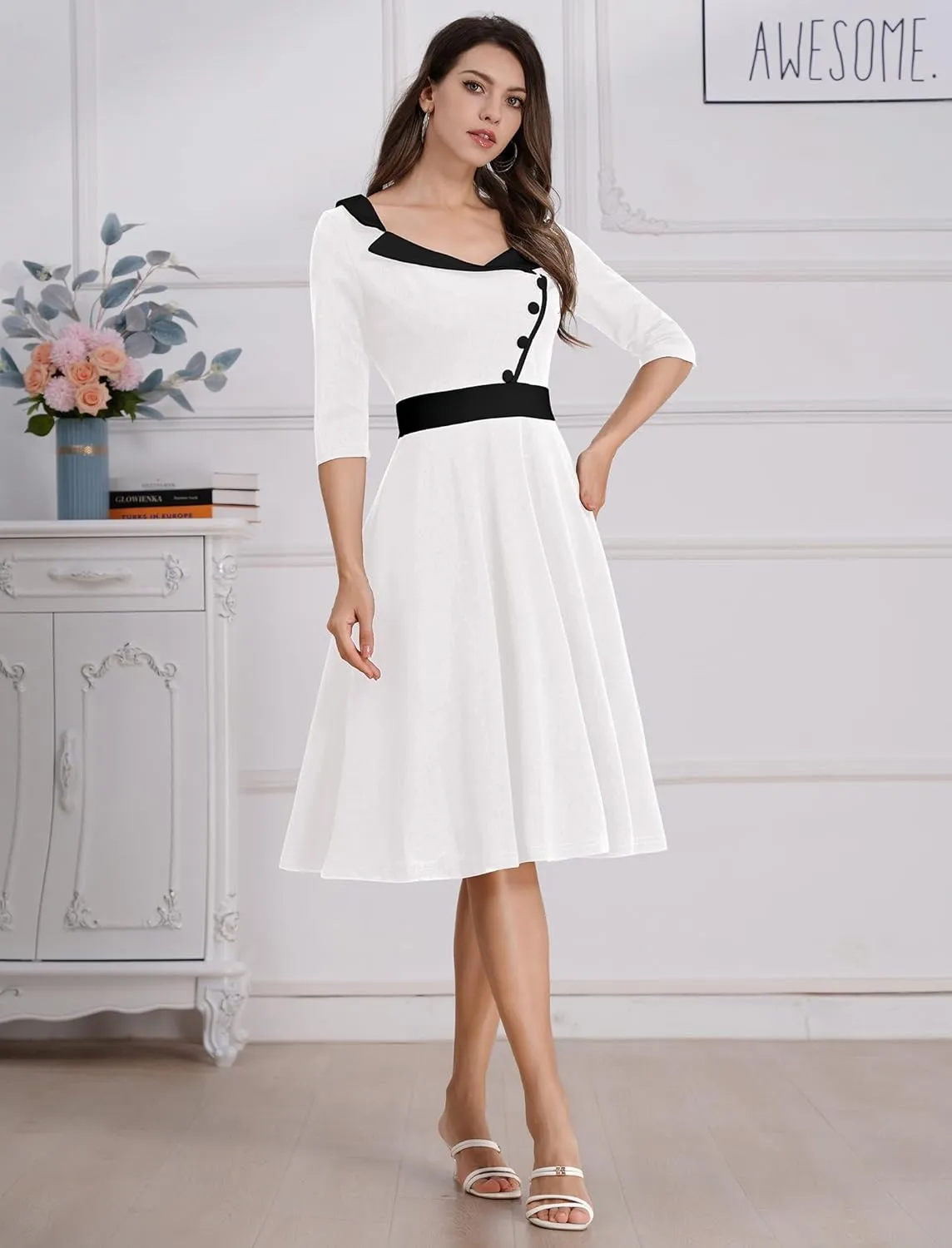 3/4 Sleeve 40s 50s Dresses for Women Vintage 1950s Cocktail Dress Square Neck Retro Rockabilly Swing 50's Style Dress