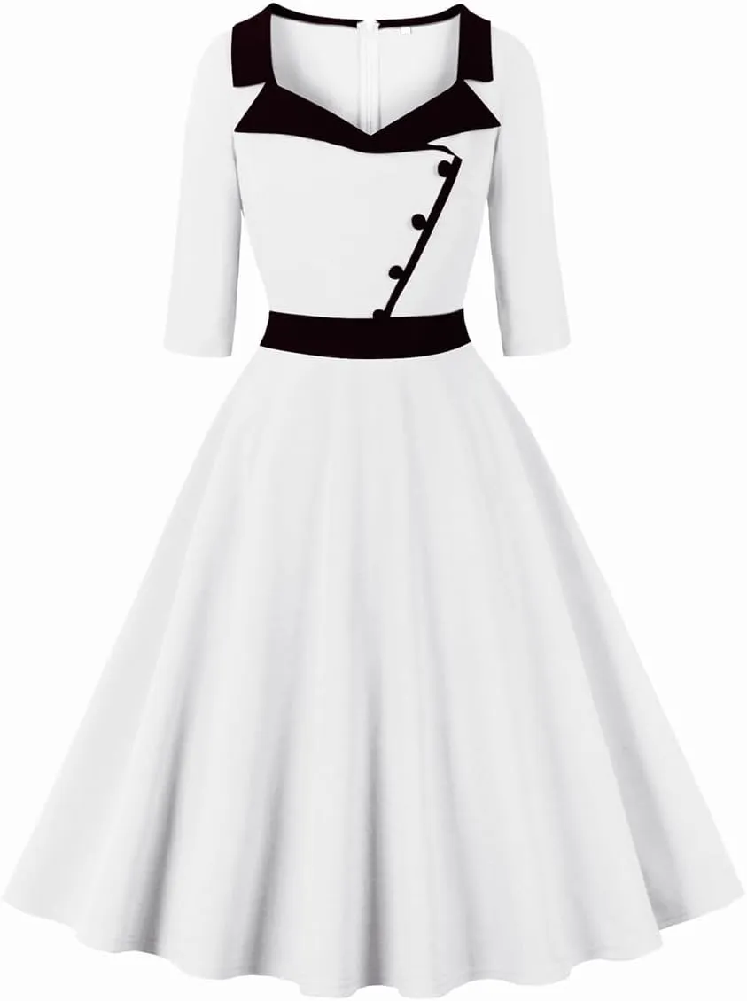 3/4 Sleeve 40s 50s Dresses for Women Vintage 1950s Cocktail Dress Square Neck Retro Rockabilly Swing 50's Style Dress