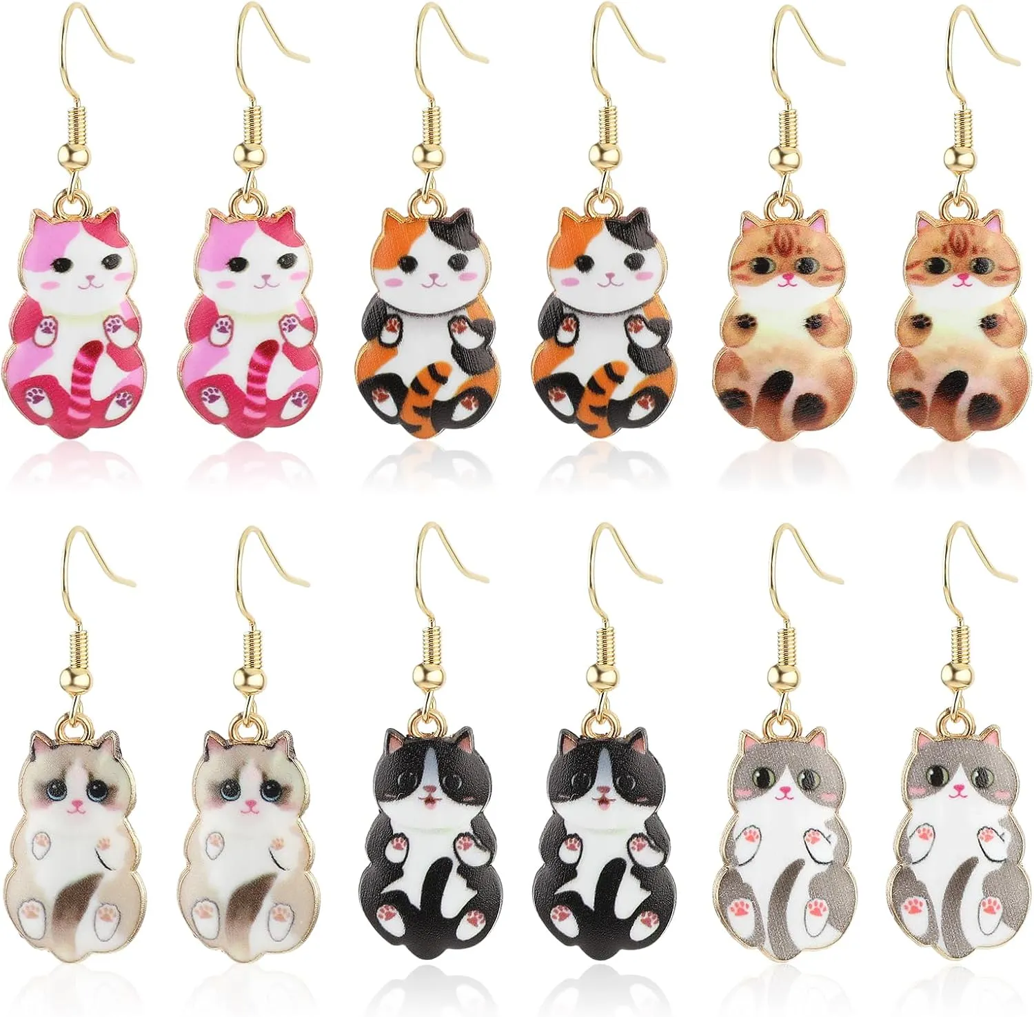 6 Pairs Cute Cat Earrings for Women Colored Kitty Cat Earrings Alloy Drop Dangle Fun Anime Animal Earrings Aesthetic Funny Cartoon Earings Jewelry Gifts for Cat Lovers