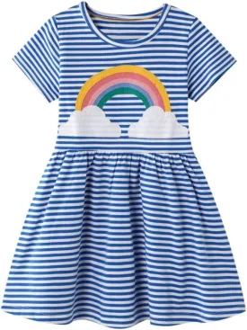 AIWUHE Toddler Girls Dress Cotton Casual Short Sleeve Striped Jersey Dresses Summer Cartoon Dinosaurs Appliques Shirt 2-7Y
