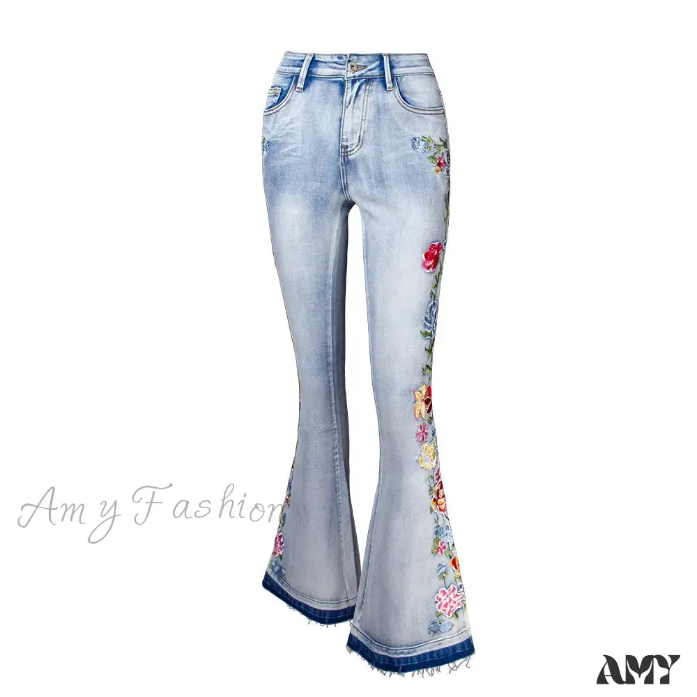 Amy Fashion - Size S-4XL Elastic Flower Embroidered Flare Womens Retro Style Bell Bottom Skinny Autumn Denim Women Jean