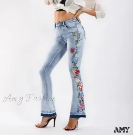 Amy Fashion - Size S-4XL Elastic Flower Embroidered Flare Womens Retro Style Bell Bottom Skinny Autumn Denim Women Jean