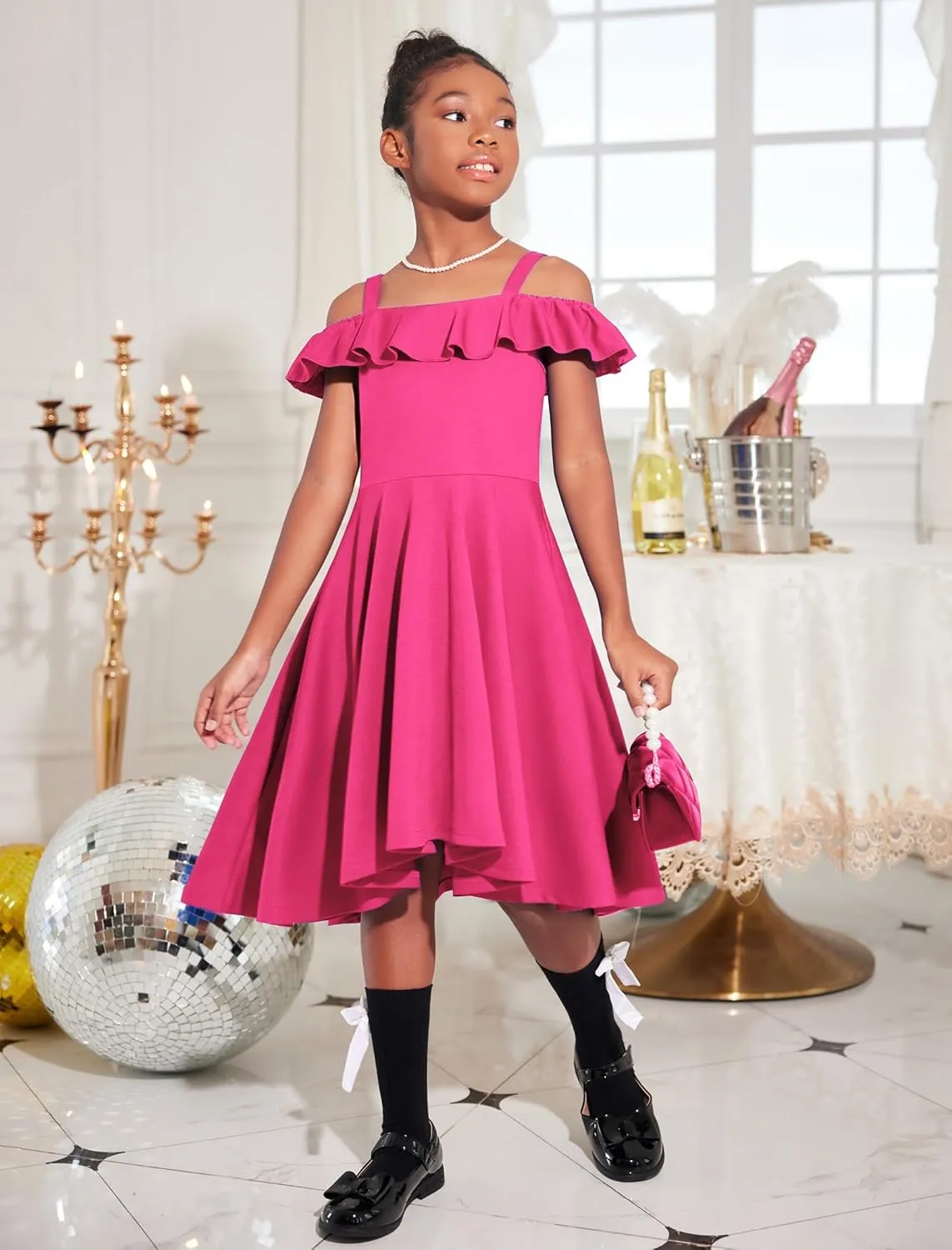 Arshiner Girls Summer Dress Off Shoulder Flutter Sleeve Midi Swing Cassual Formal Dresses with Pocket