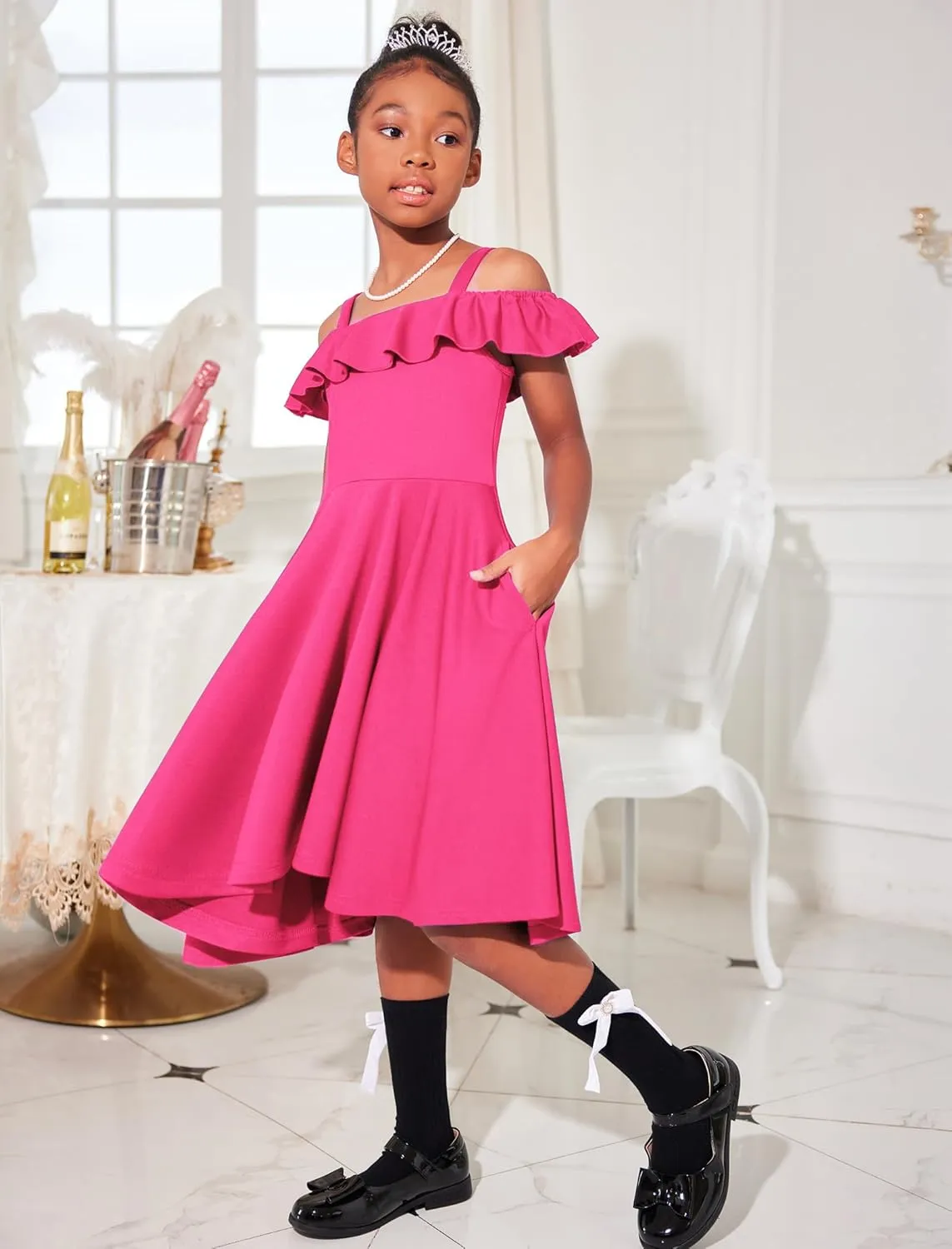 Arshiner Girls Summer Dress Off Shoulder Flutter Sleeve Midi Swing Cassual Formal Dresses with Pocket