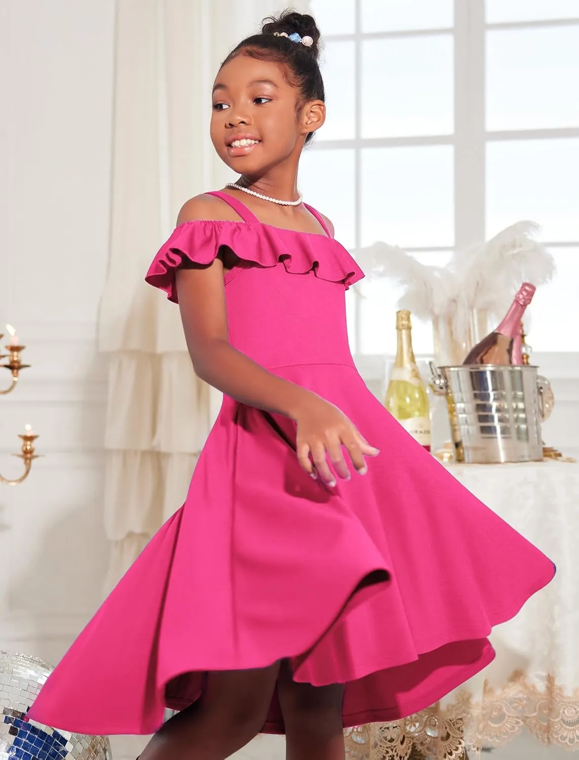 Arshiner Girls Summer Dress Off Shoulder Flutter Sleeve Midi Swing Cassual Formal Dresses with Pocket