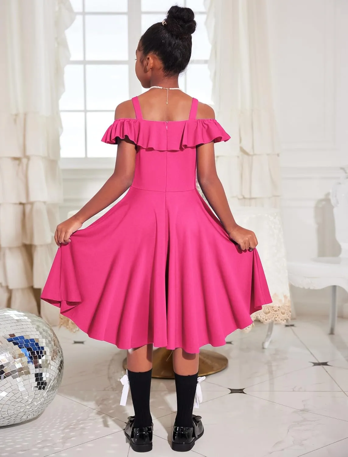 Arshiner Girls Summer Dress Off Shoulder Flutter Sleeve Midi Swing Cassual Formal Dresses with Pocket