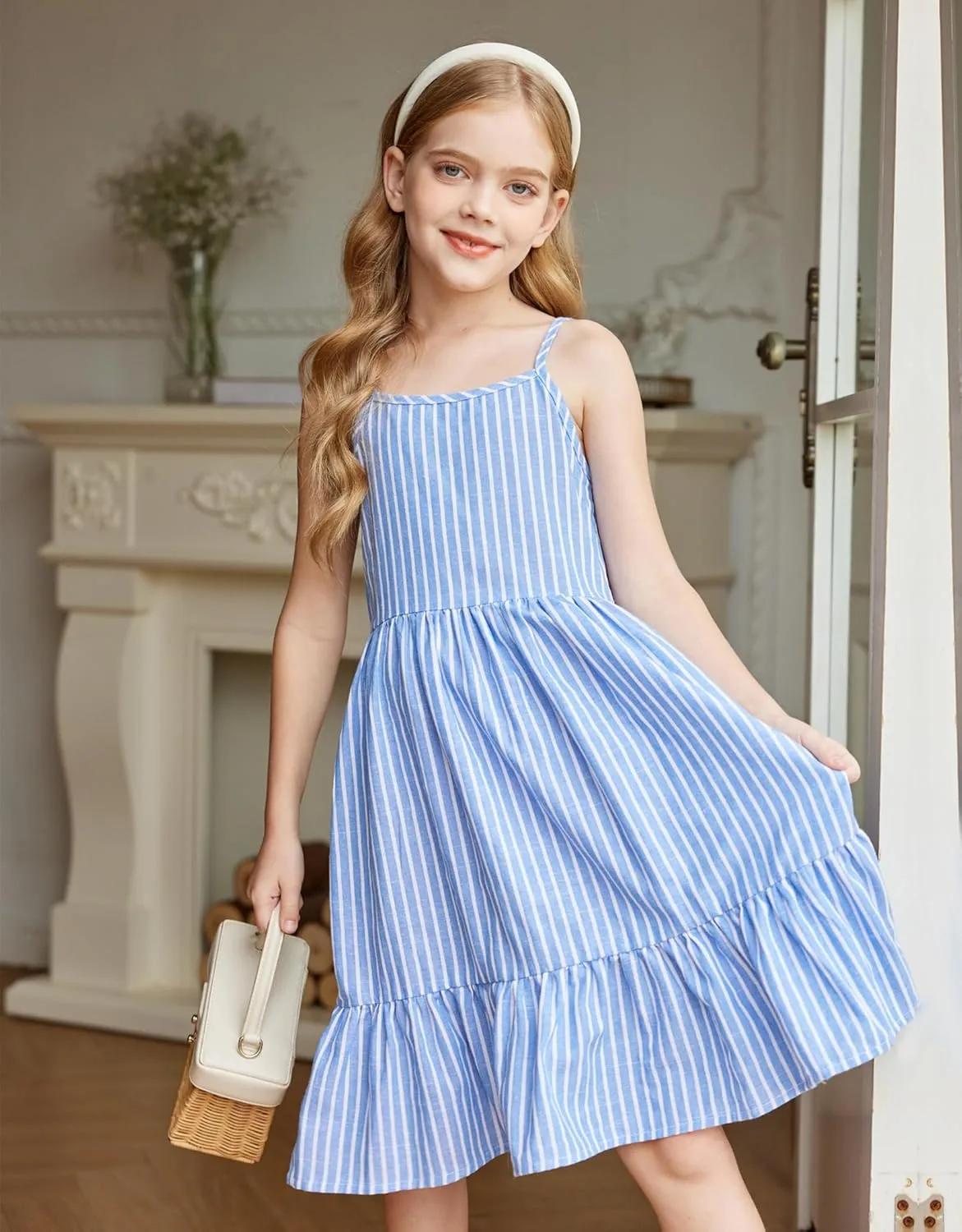 Arshiner Girl's Summer Sundress Spaghetti Strap Solid Linen Midi Dress Casual Cami Dresses