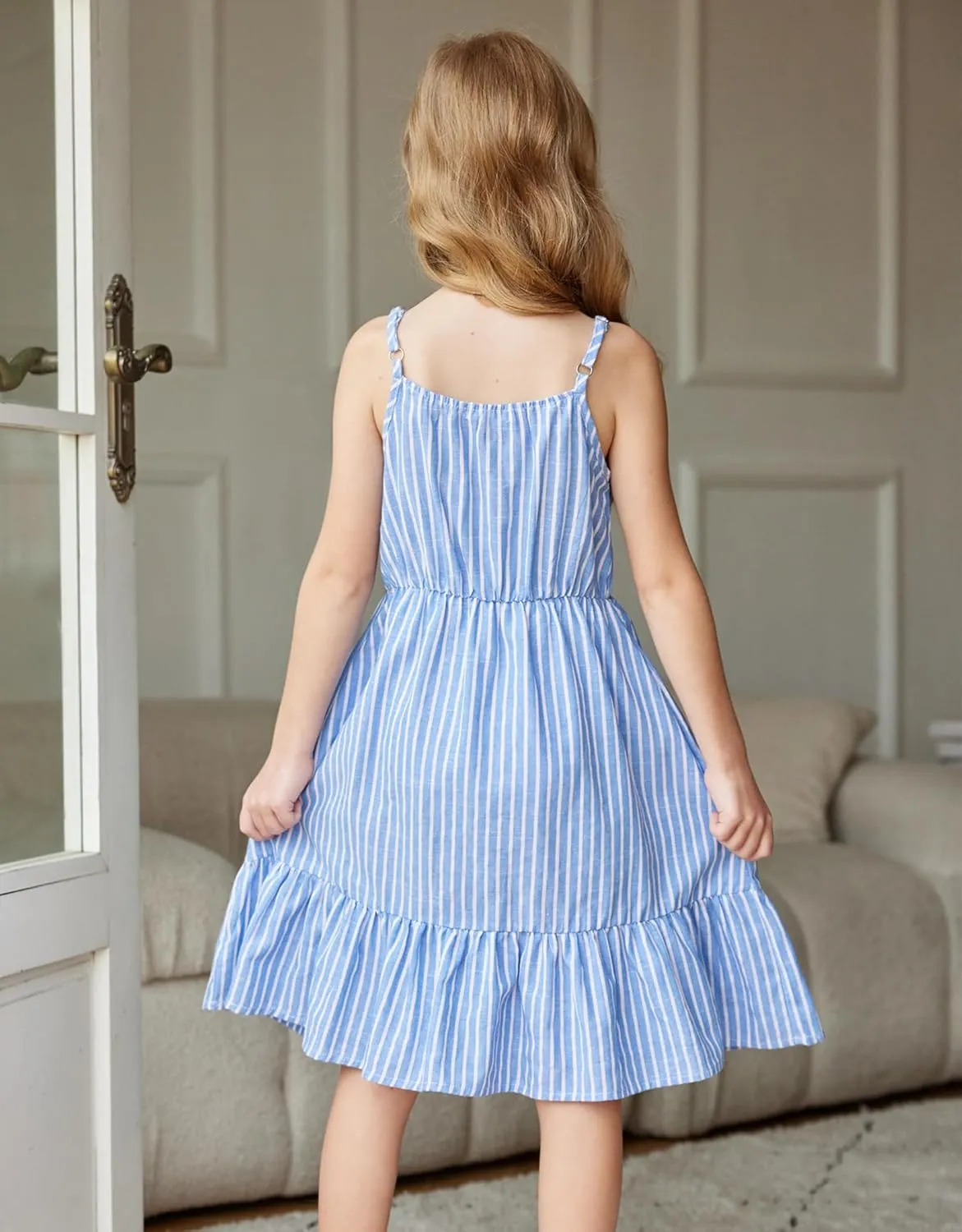 Arshiner Girl's Summer Sundress Spaghetti Strap Solid Linen Midi Dress Casual Cami Dresses