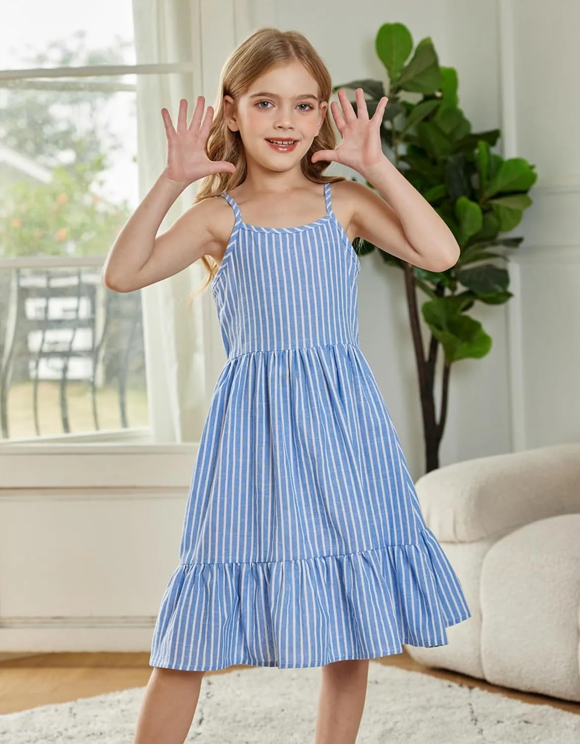 Arshiner Girl's Summer Sundress Spaghetti Strap Solid Linen Midi Dress Casual Cami Dresses