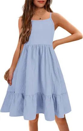 Arshiner Girl's Summer Sundress Spaghetti Strap Solid Linen Midi Dress Casual Cami Dresses