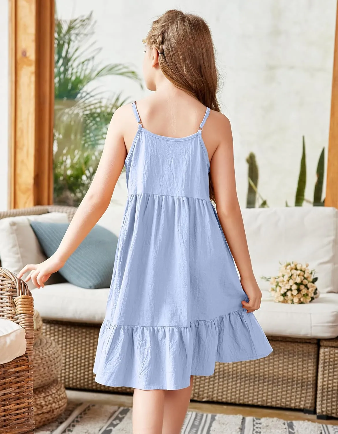 Arshiner Girl's Summer Sundress Spaghetti Strap Solid Linen Midi Dress Casual Cami Dresses