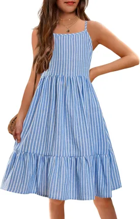 Arshiner Girl's Summer Sundress Spaghetti Strap Solid Linen Midi Dress Casual Cami Dresses