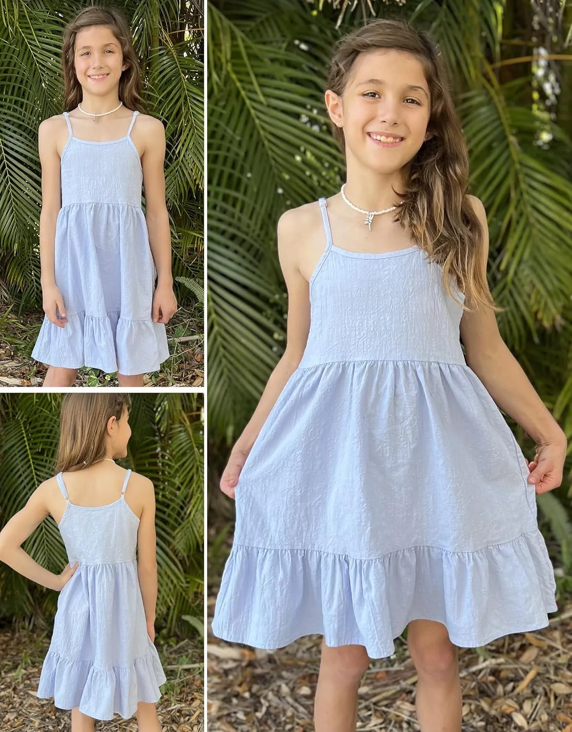 Arshiner Girl's Summer Sundress Spaghetti Strap Solid Linen Midi Dress Casual Cami Dresses