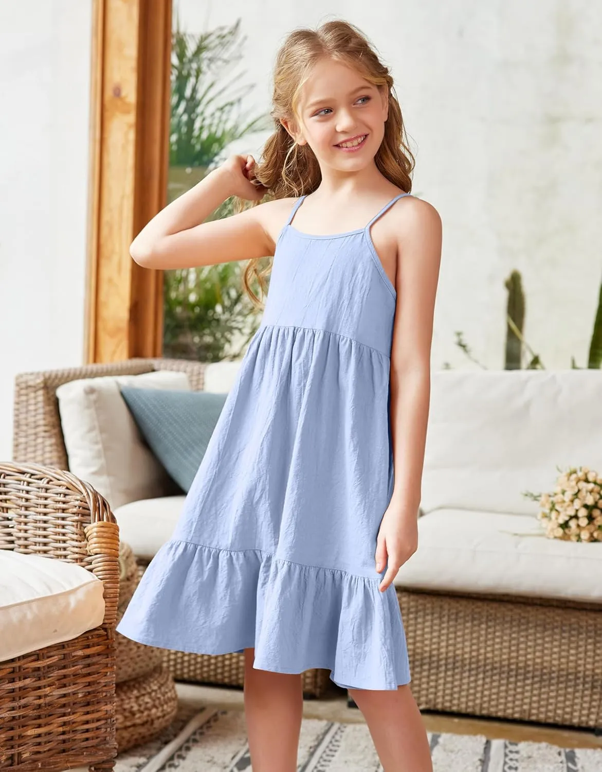 Arshiner Girl's Summer Sundress Spaghetti Strap Solid Linen Midi Dress Casual Cami Dresses