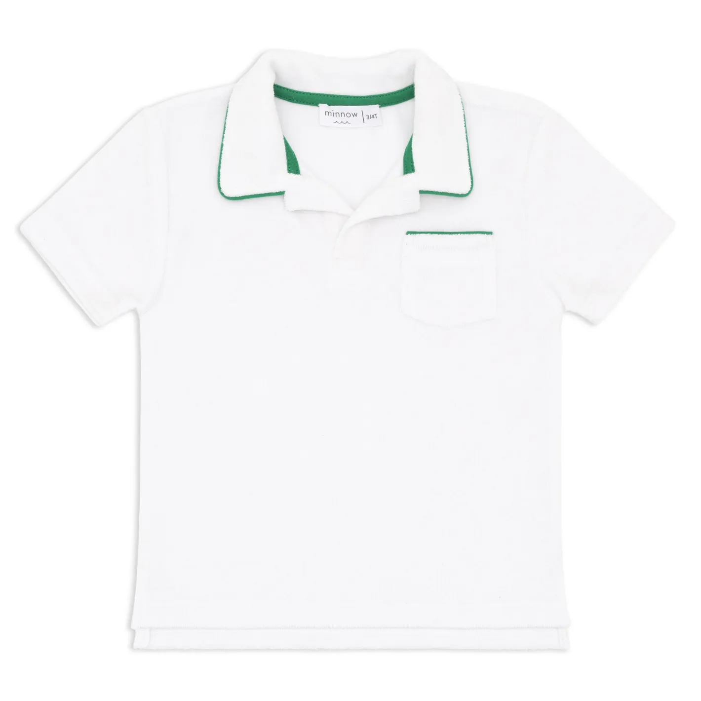 boys white french terry polo with bermuda green trim