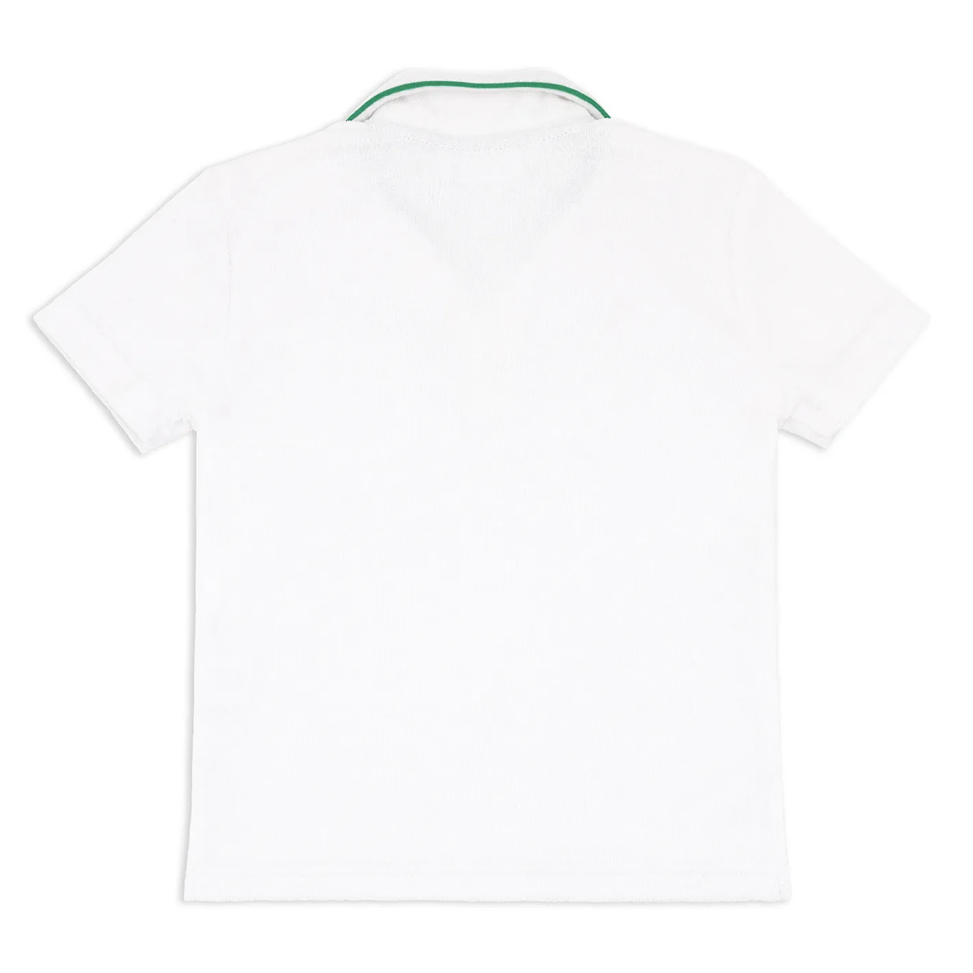 boys white french terry polo with bermuda green trim