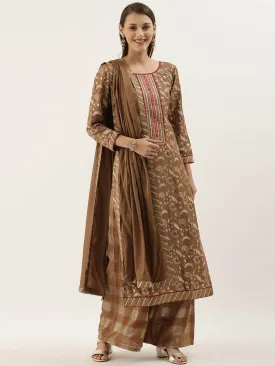 Brown Unstitched Embroidered Cotton Salwar Suit Dress Material