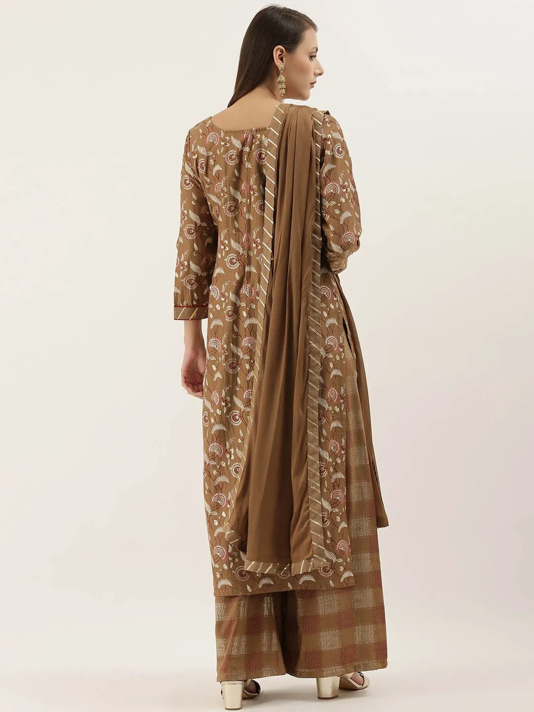 Brown Unstitched Embroidered Cotton Salwar Suit Dress Material