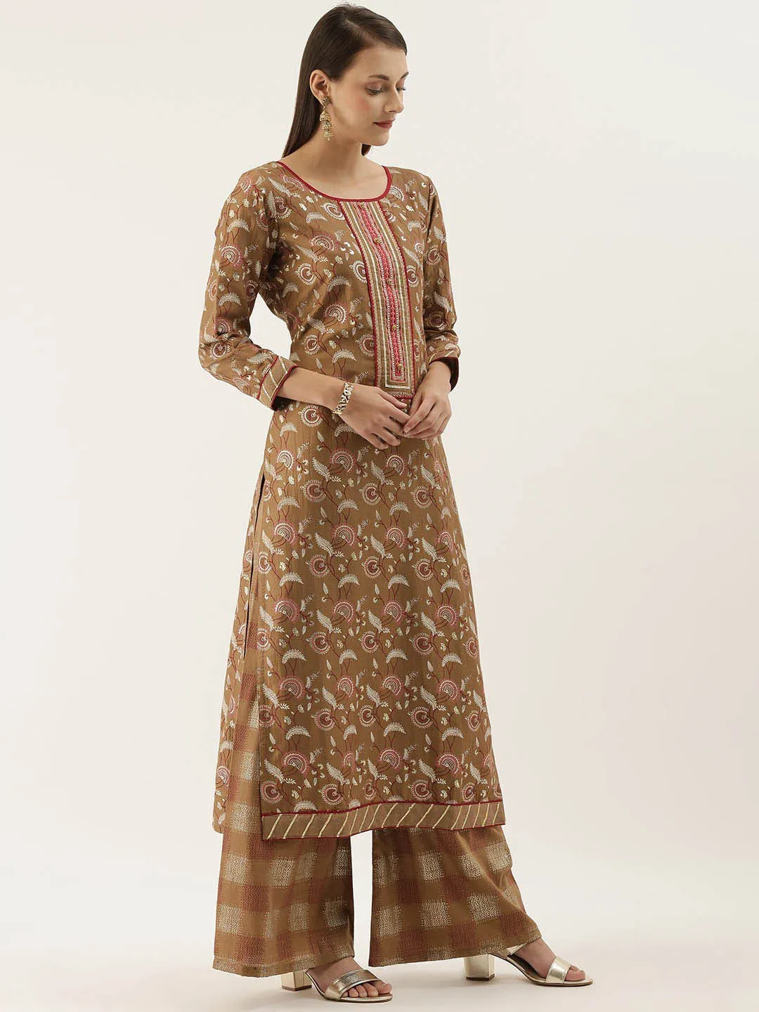 Brown Unstitched Embroidered Cotton Salwar Suit Dress Material