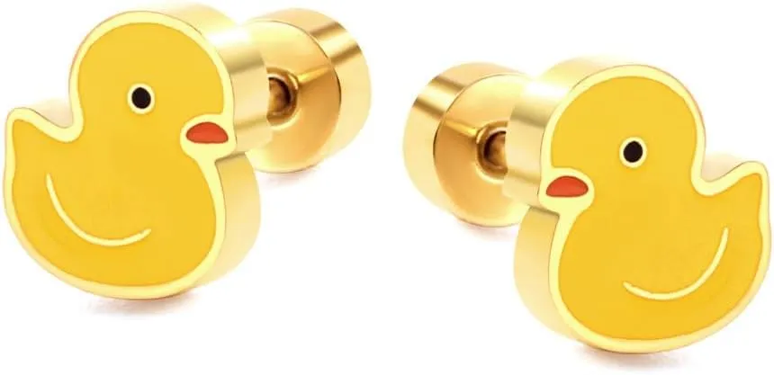 Cute 20g Duck Yellow Enamel Screw Flat Back Small Stud Earrings for Women Stainless Steel Cartoon Animal Cartilage Tragus Little Sleeper Studs Hypoallergenic Fashion Jewelry Gift for Daughter