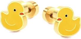 Cute 20g Duck Yellow Enamel Screw Flat Back Small Stud Earrings for Women Stainless Steel Cartoon Animal Cartilage Tragus Little Sleeper Studs Hypoallergenic Fashion Jewelry Gift for Daughter
