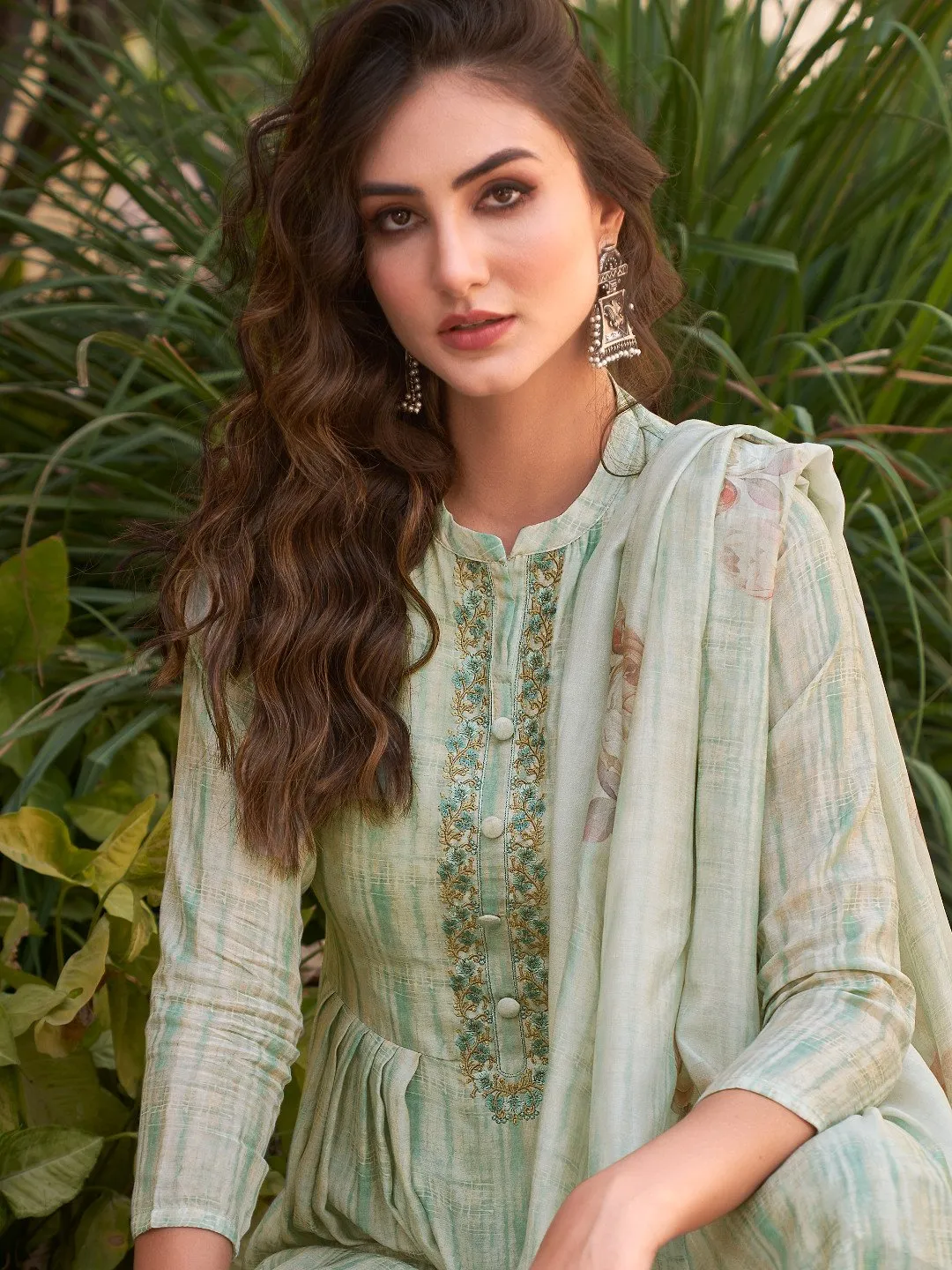 Embroidered Green Cotton Un-Stitched Suit for Ladies