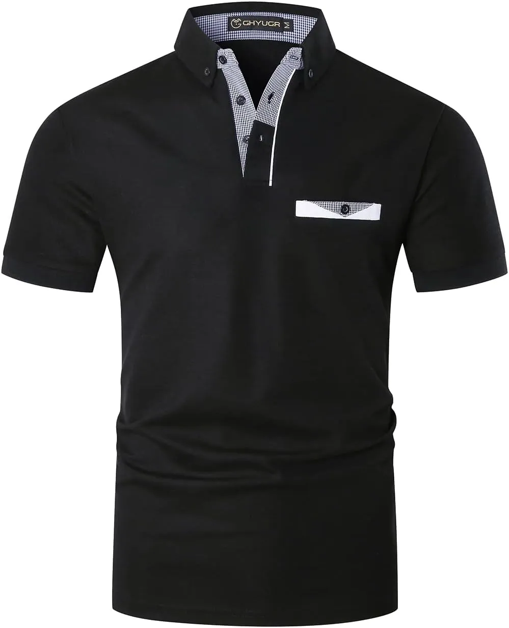 GHYUGR Men's Polo Shirts Short Sleeve Slim Fit Polo Casual Plaid Splice T-Shirts