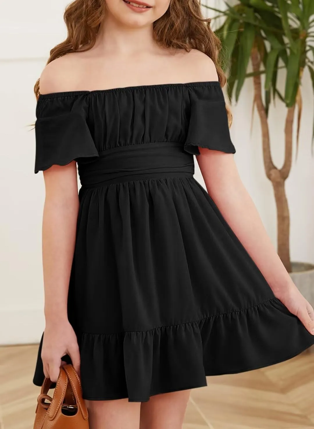 Girls Elegant Ruffle Short Sleeve Back Tie Dresses 6-13 Years Old