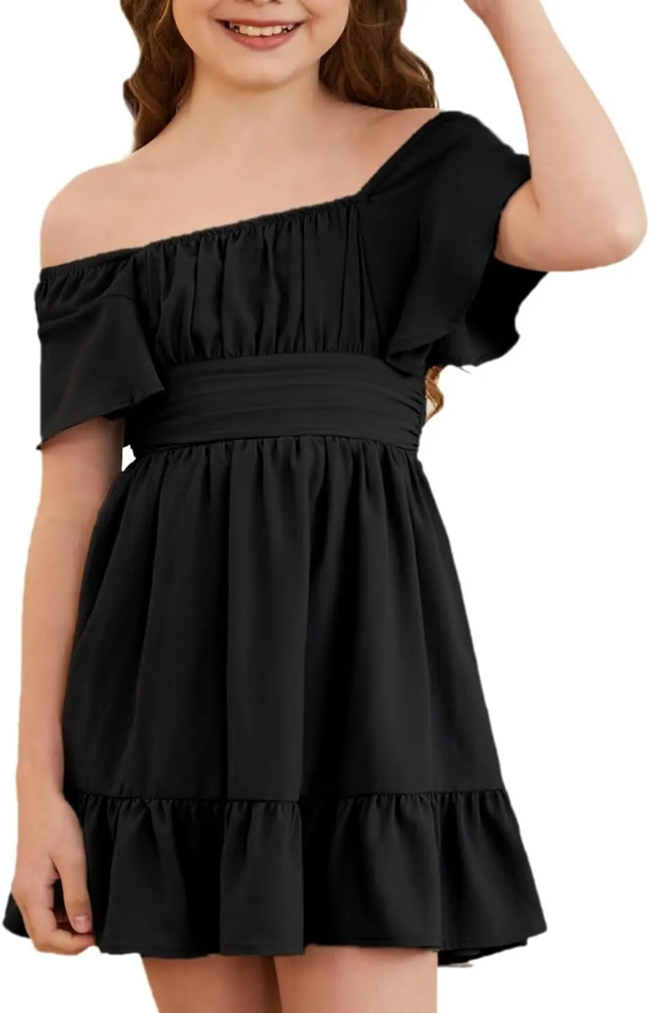 Girls Elegant Ruffle Short Sleeve Back Tie Dresses 6-13 Years Old