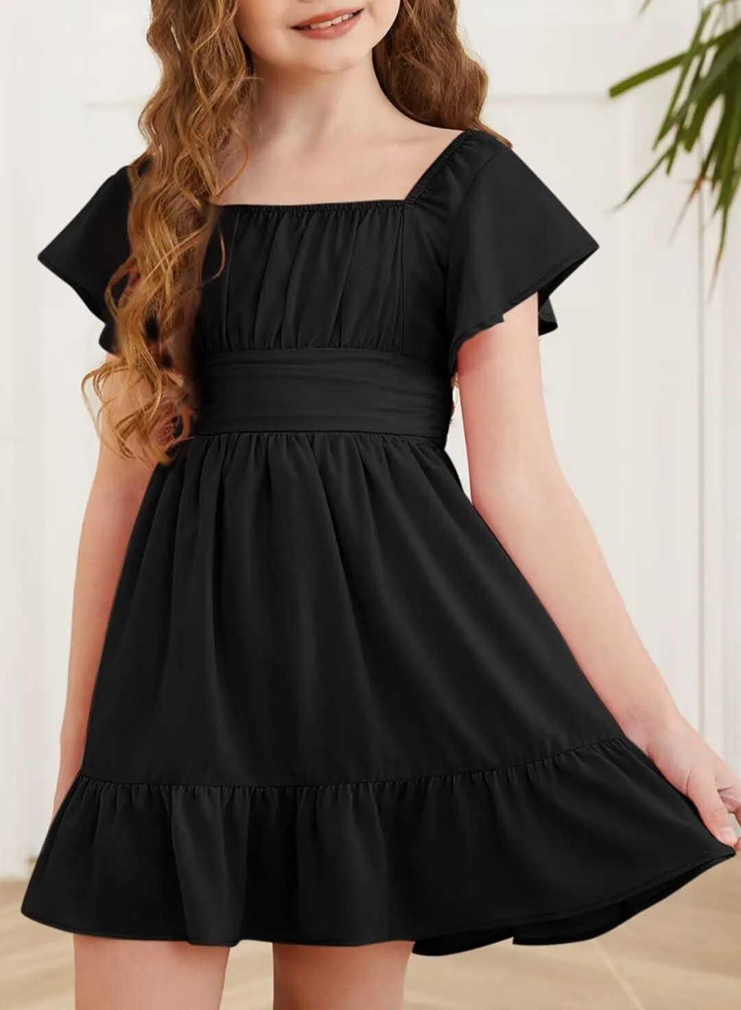 Girls Elegant Ruffle Short Sleeve Back Tie Dresses 6-13 Years Old
