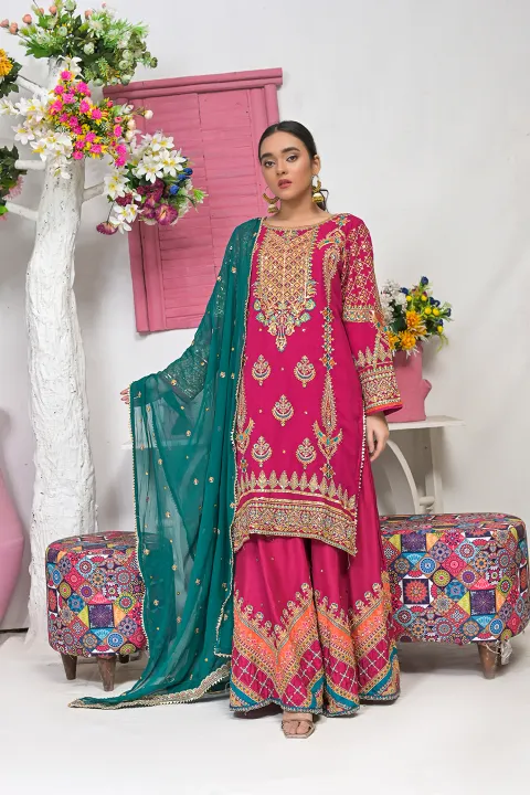 Hot Pink Gharara Suit with Pink, Coral & Teal Accents and Gold Work on Dupatta