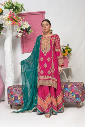 Hot Pink Gharara Suit with Pink, Coral & Teal Accents and Gold Work on Dupatta