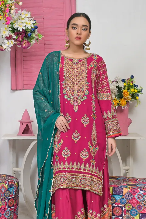 Hot Pink Gharara Suit with Pink, Coral & Teal Accents and Gold Work on Dupatta