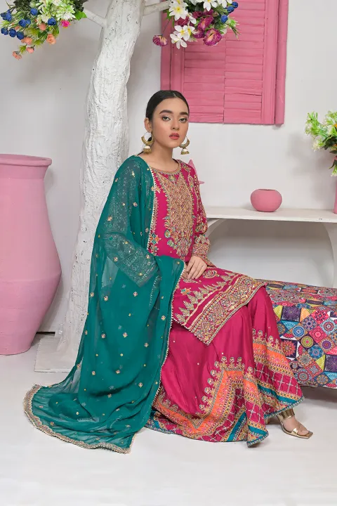 Hot Pink Gharara Suit with Pink, Coral & Teal Accents and Gold Work on Dupatta