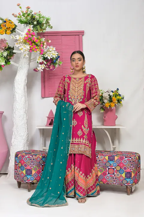 Hot Pink Gharara Suit with Pink, Coral & Teal Accents and Gold Work on Dupatta