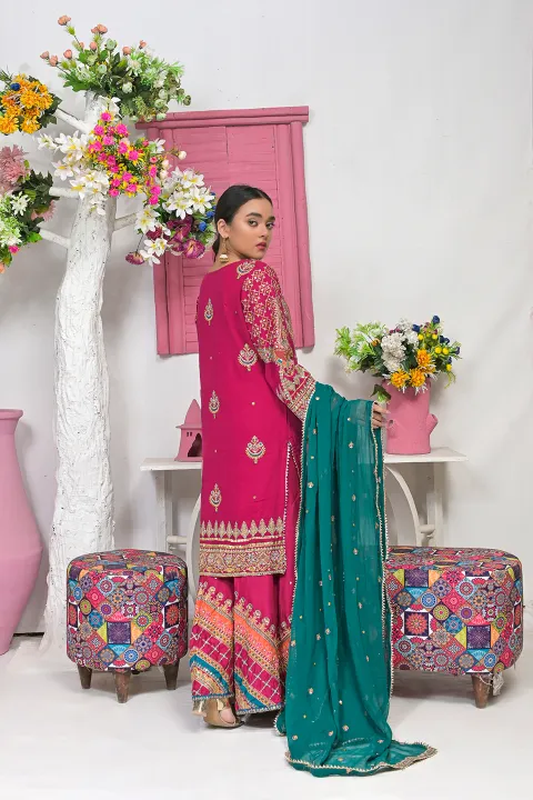 Hot Pink Gharara Suit with Pink, Coral & Teal Accents and Gold Work on Dupatta