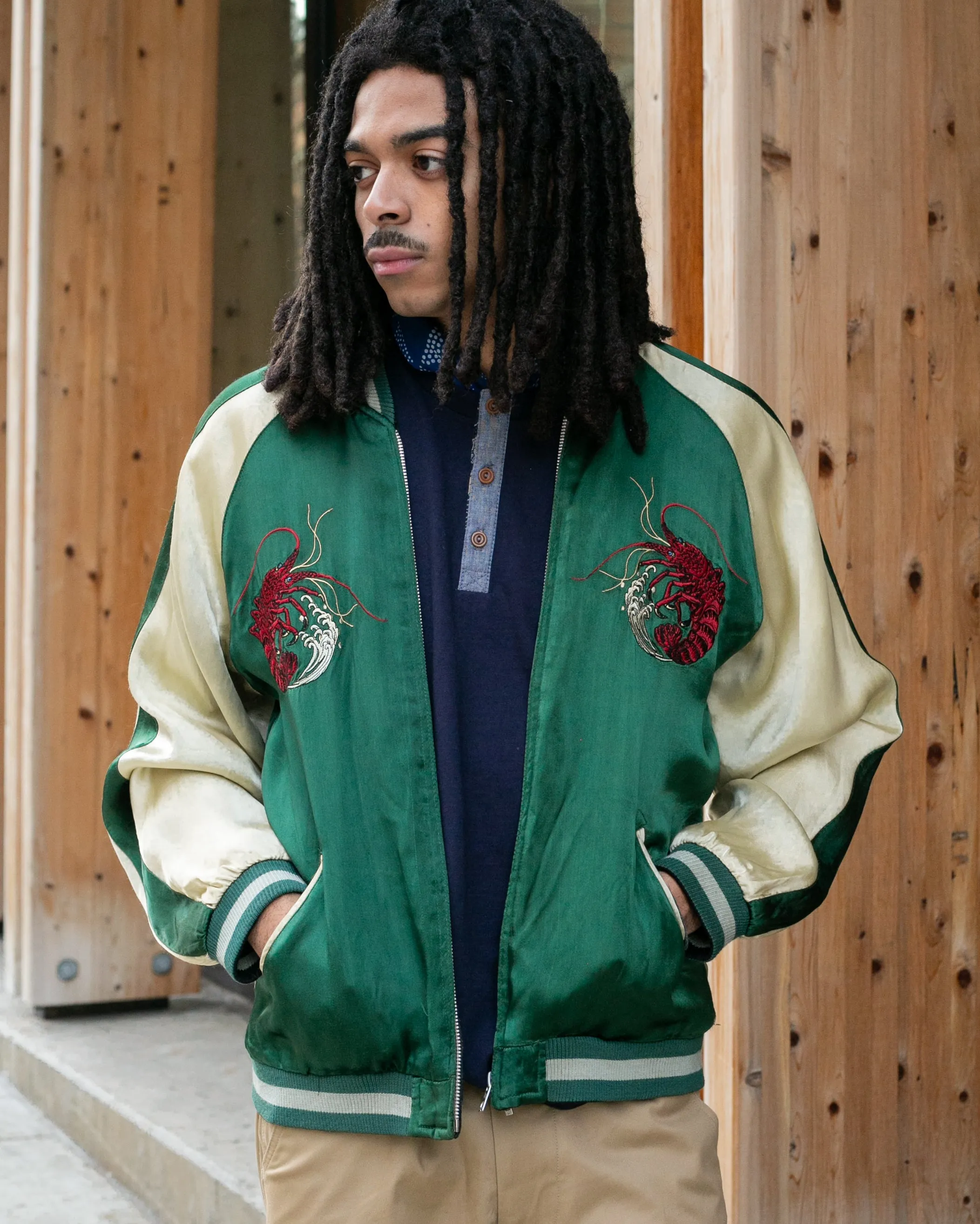 Japanese Repro Souvenir Jacket, Green with Lobsters