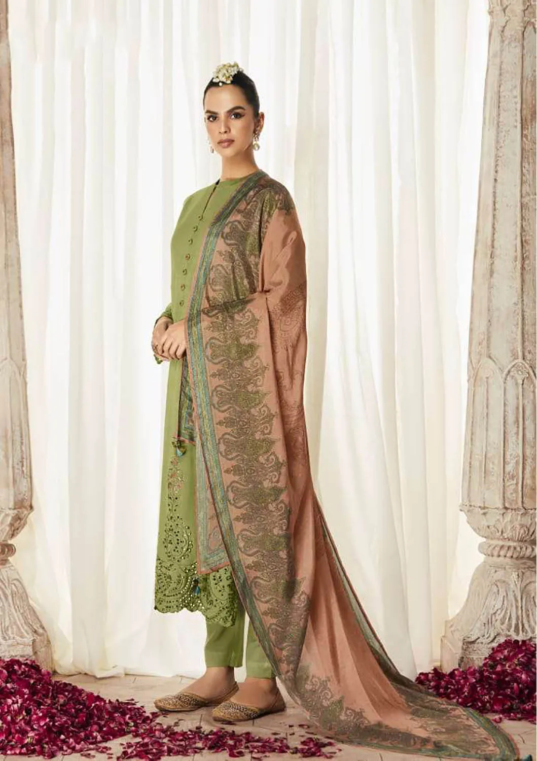 Kimora Pure Pashmina Green Winter Suit Dress Material with Embroidery