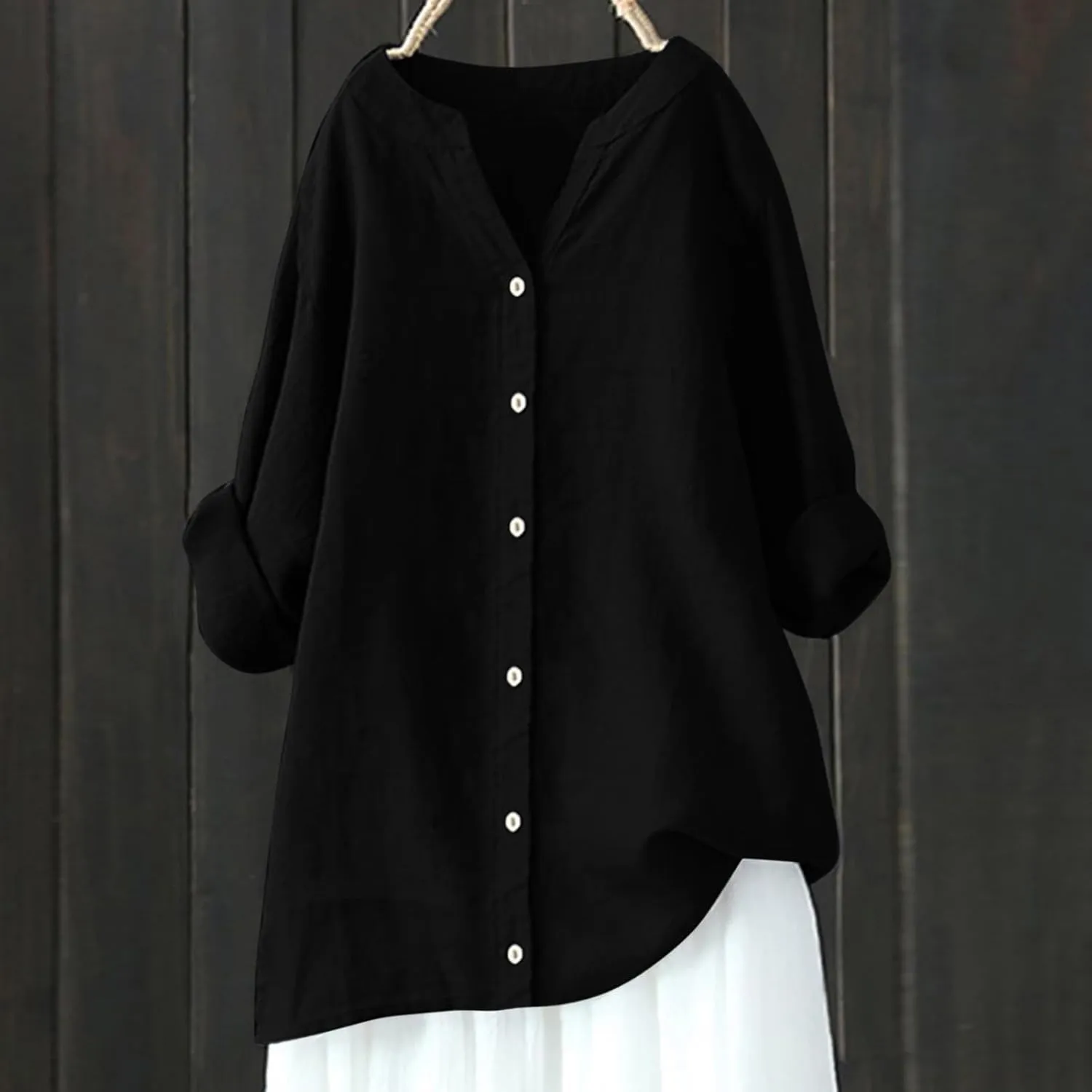 Linen Shirts for Women Short Sleeve Loose Button Shirt Top Stand Solid Color Medium Sleeve Long Sleeve Cotton Gauze