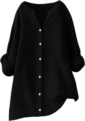 Linen Shirts for Women Short Sleeve Loose Button Shirt Top Stand Solid Color Medium Sleeve Long Sleeve Cotton Gauze