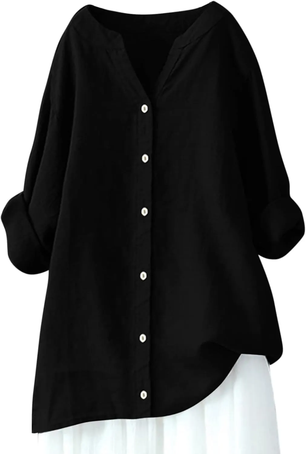 Linen Shirts for Women Short Sleeve Loose Button Shirt Top Stand Solid Color Medium Sleeve Long Sleeve Cotton Gauze