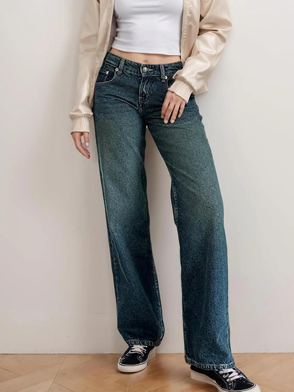 Low Rise Baggy Jeans for Women Y2K Low Waisted Straight Leg Trendy Bootcut Jeans Teen Girls Casual Loose Fit Boyfriend Jeans