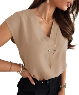 Lynwitkui Women's V Neck Chiffon Blouses Cap Sleeve Shirts Casual Loose Work Office Solid Tops