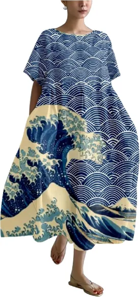 MARSVOVO Novelty Japanese Art Style Print Dress for Women Plus Size Short Sleeve Crewneck A-line Women Dress