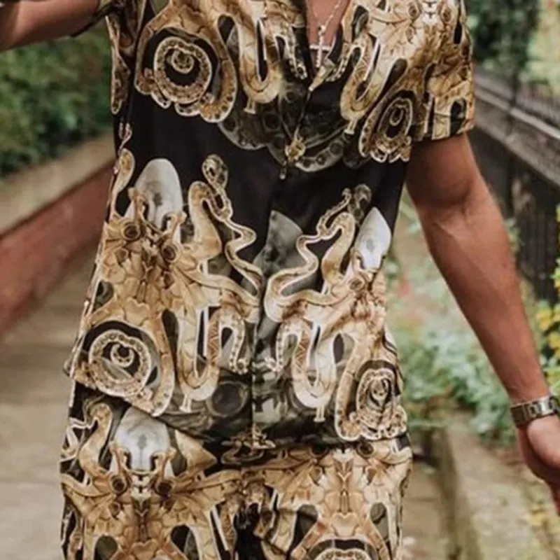 Men Printed Casual Short Sleeve Shorts Suit