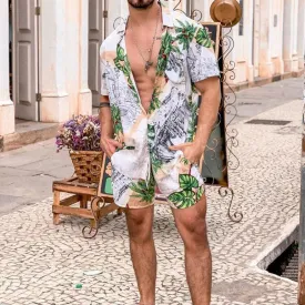 Men Printed Color Matching Casual Two-Piece Suit