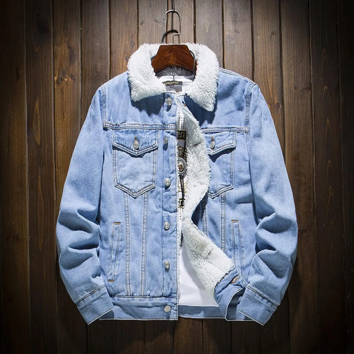 Mens Denim Jacket Winter Lapel Sherpa Fleece Lined Thicken Casual Stylish Warm Button Trucker Jean Jackets Coats, L-6XL